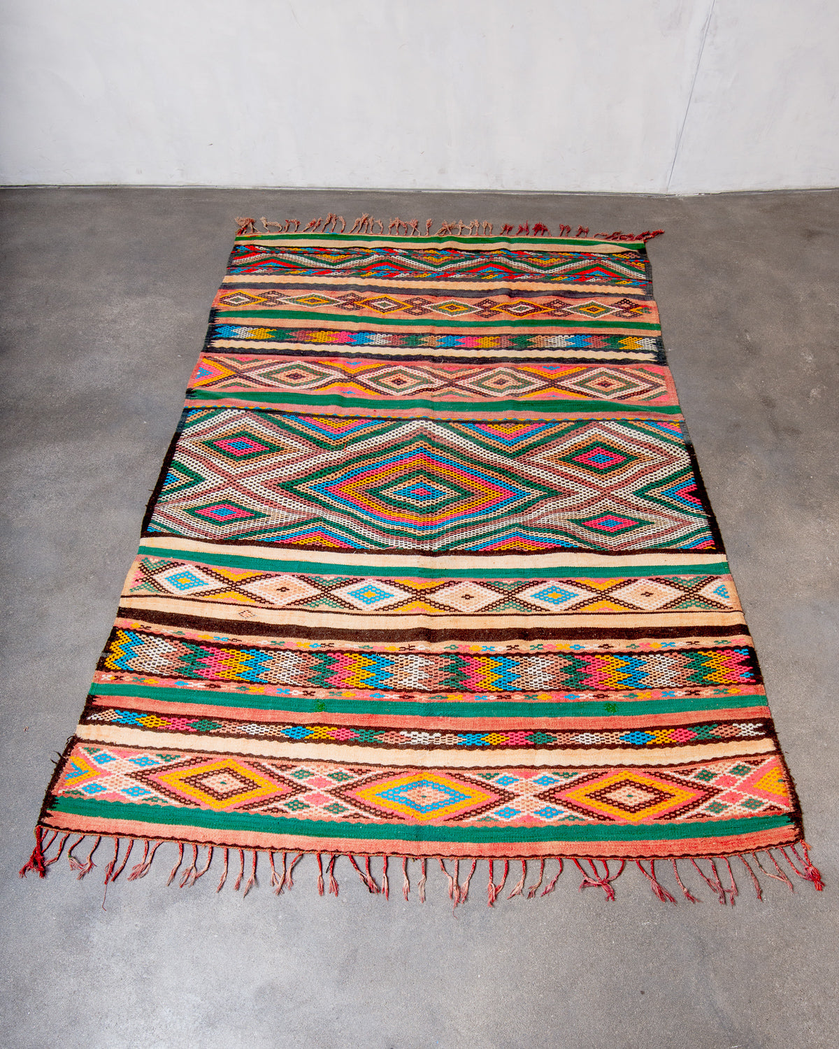 Modern, designer, handcrafted Berber rug from Morocco. Vintage Kelim carpet with beautiful designs and robust flat weave out of wool.